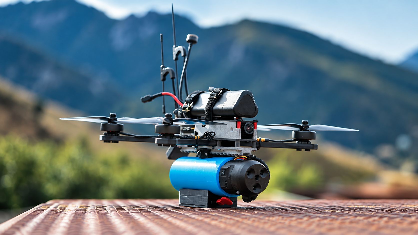 FPV drone with payload on a launch pad in the mountains