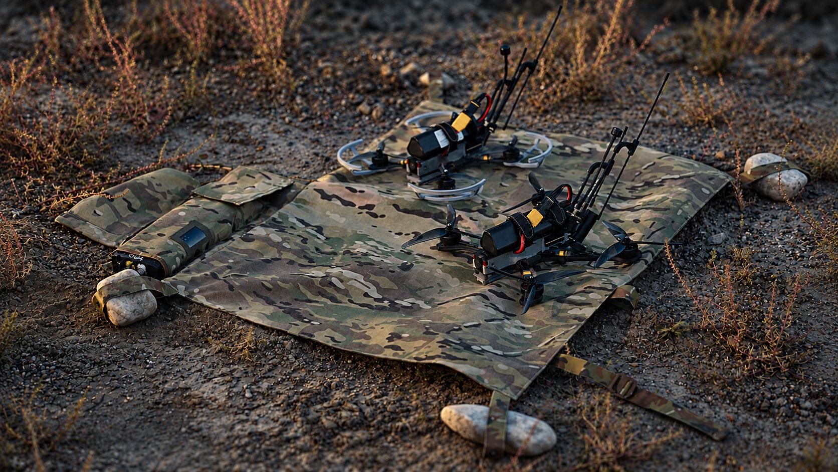 FPV drones staged on a camouflage mat
