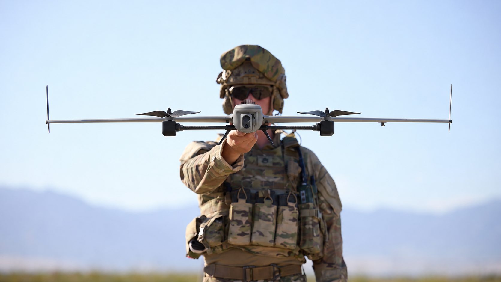 Operator presenting an Edge 130 fixed-wing VTOL aircraft