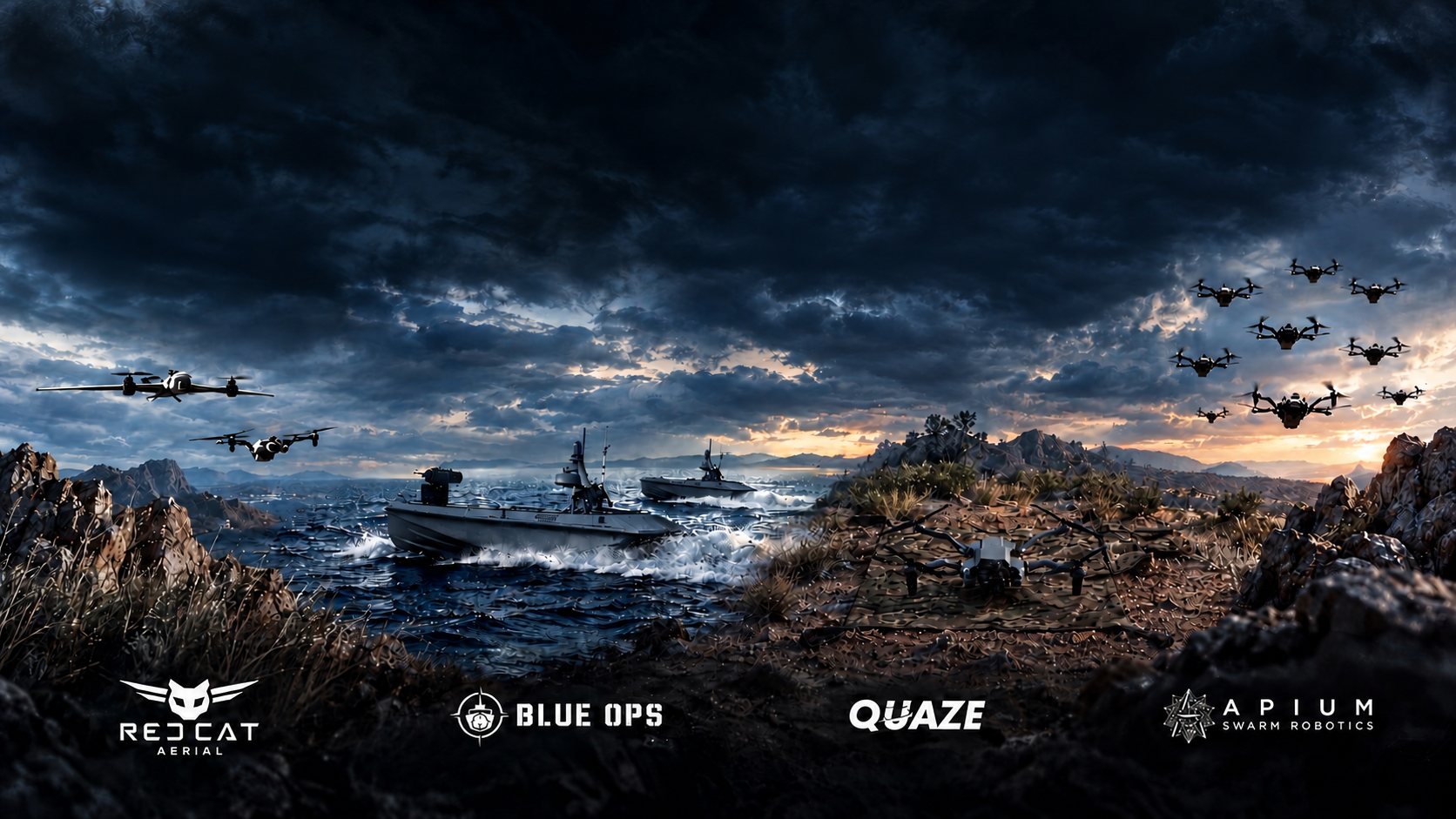 Red Cat Aerial, Blue Ops, Quaze and Apium Swarm Robotics systems across air, sea and land