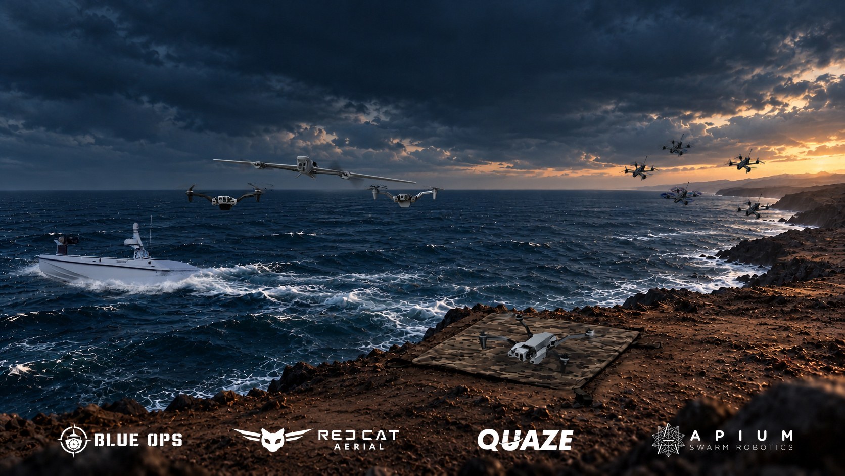 Red Cat Aerial, Blue Ops, Quaze and Apium Swarm Robotics systems across air, sea and land