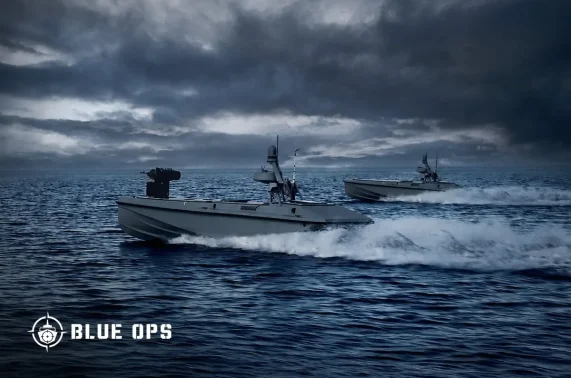 Blue Ops logo over two uncrewed surface vessels running at speed under a storm sky