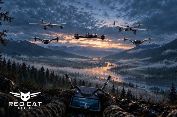 Red Cat Aerial logo over an operator flying Red Cat aircraft above a mountain valley at dusk